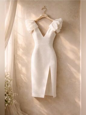 Rebecca Vallance White Puff Sleeve Plunge V-Neck Midi Dress NWT 2